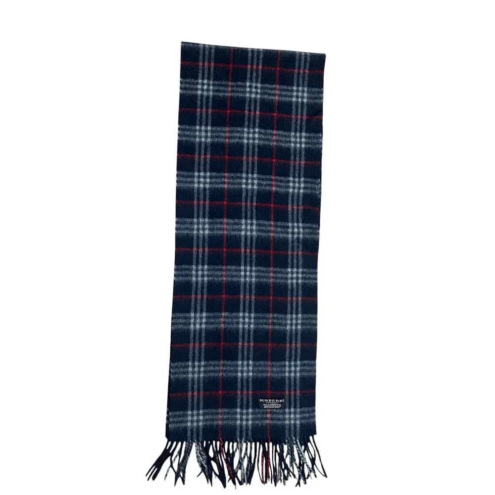 Burberry London Plaid Lambswool‎ Scarf Red Blue Grey Fringe Made in England